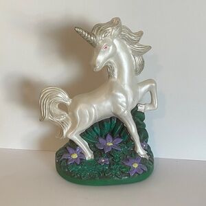 Vintage 8” Unicorn Ceramic Figurine Statue White Green Grass Purple Flowers